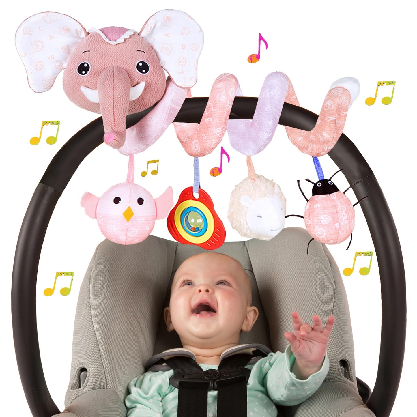 Car Seat Toys for Babies 0-6 Months Infant Spiral Activity Toys Baby Gril Car Seat Toys 6-12 Months Hanging Stroller Toys for Baby Girls 0-6 Months with Musical Owl Rattle Sheep - Pink Elephant