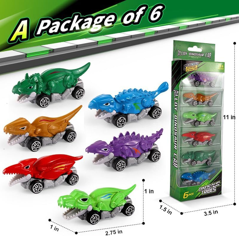 Dinosaur Car Toys Set, 6 Pack Metal Dinosaur Vehicles, Kids Toys for Ages 3-5 (6)
