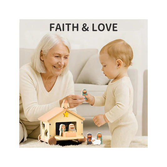 Wooden Nativity Set Montessori Toys for 1 Year Old - Christian Easter Gifts for Kids - Jesus Easter Basket Stuffers - Religious Baptism Gift - Pull along Wagon Shape Sorter Toddlers