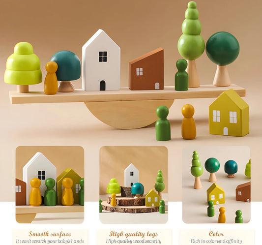 Wooden Tree Balance Toy Set with Peg Dolls for Montessori Learning and Creative Play
