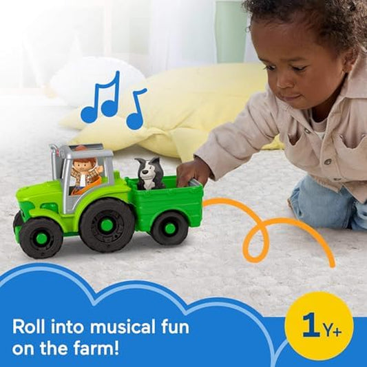 Little People Toddler Toy Push & Play Tractor Push-Along Musical Farm Vehicle with 2 Figures for Pretend Play Kids Ages 1+ Years