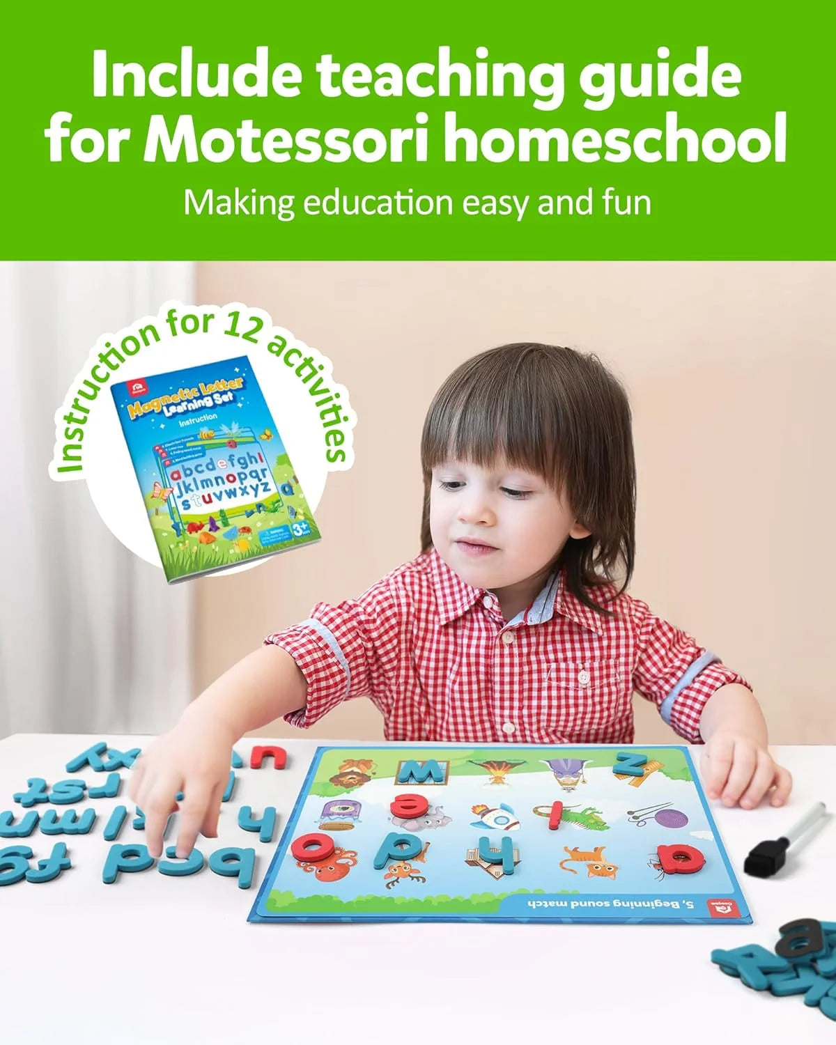 Preschool Alphabet Learning Activities, Magnetic EVA Letters Matching & Handwriting Game, Educational ABC Recognition with 6 Pattern Cards, Phonic Manipulatives Toys for Kids Age 3+
