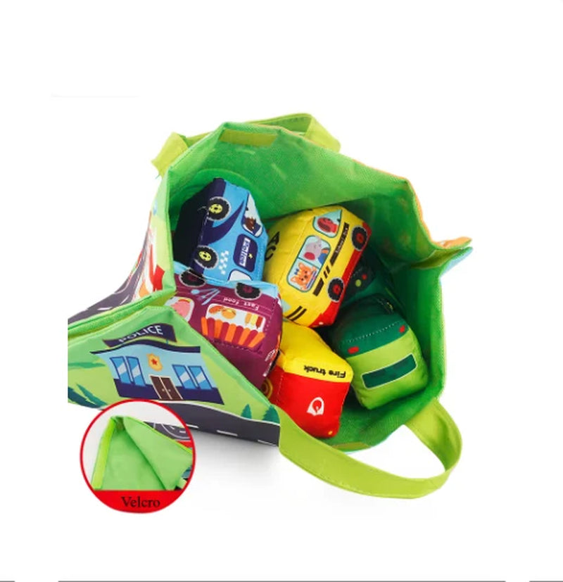 Baby Montessori Soft Car Toy Set with Map Play Mat & Storage Bag – Infant Cloth Book Cartoon Sensory Training Toy, Educational Gift for Toddlers