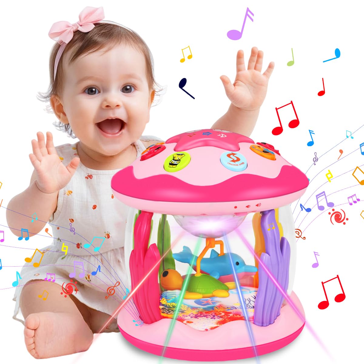 Hapyland Baby Toys 6-12 Months Girl Gifts: Babies Ocean Rotating Light Up Musical Toys for Toddlers 1 2 Year Old Crawling Learning Infant Toys 6 7 8 9 10 11 12 Months Old Baby Girl Gift (Pink)