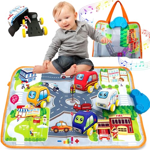 Educational Sound Playmat and Soft Pull-Back Vehicle Set