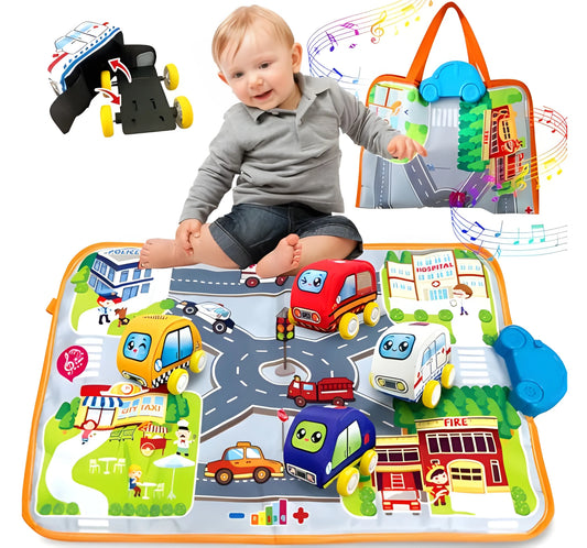 16-Point Musical Sound Play Mat with Pull-Back Vehicles & Portable Carry Bag