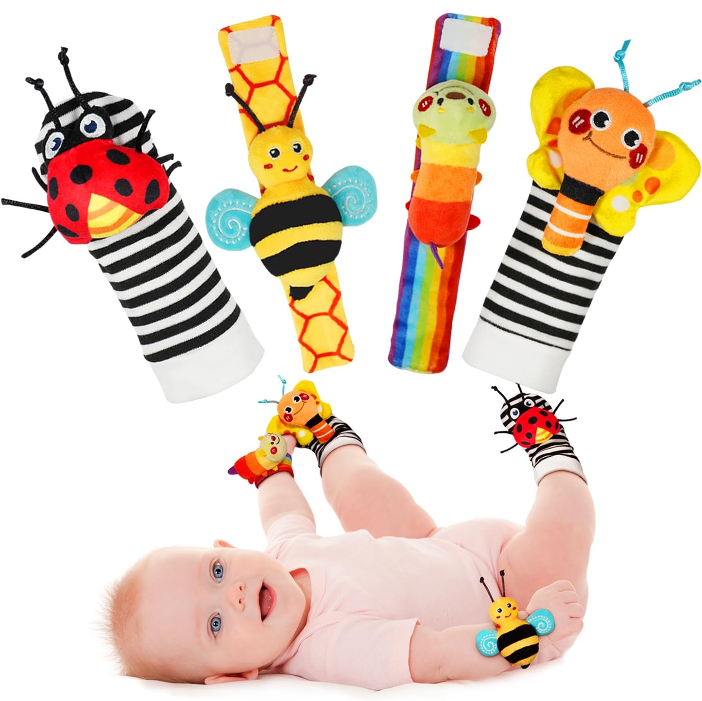 Infinno Baby Wrist Rattle Socks and Foot Finder Set Perfect Baby Toys for 0-12 Months Newborn Boys and Girls As Baby Shower Gifts Garden Bug Series