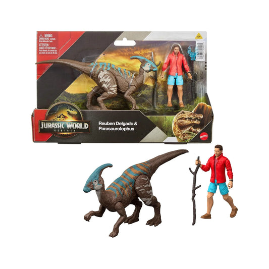 Rebirth Human & Dinosaur Figure Pack, Reuben Delgado & Parasaurolophus, Movie-Accurate 3.75 Inch Scale, Posable Collectible
