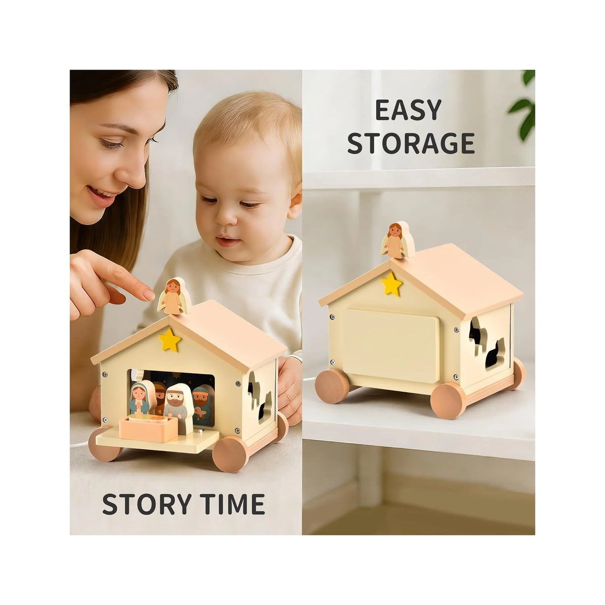 Wooden Nativity Set Montessori Toys for 1 Year Old - Christian Easter Gifts for Kids - Jesus Easter Basket Stuffers - Religious Baptism Gift - Pull along Wagon Shape Sorter Toddlers