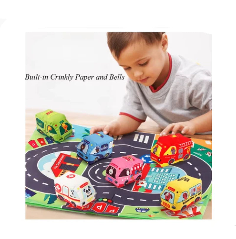 Baby Montessori Soft Car Toy Set with Map Play Mat & Storage Bag – Infant Cloth Book Cartoon Sensory Training Toy, Educational Gift for Toddlers