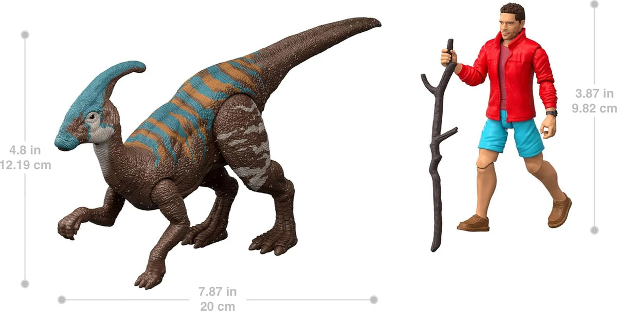 Rebirth Human & Dinosaur Figure Pack, Reuben Delgado & Parasaurolophus, Movie-Accurate 3.75 Inch Scale, Posable Collectible