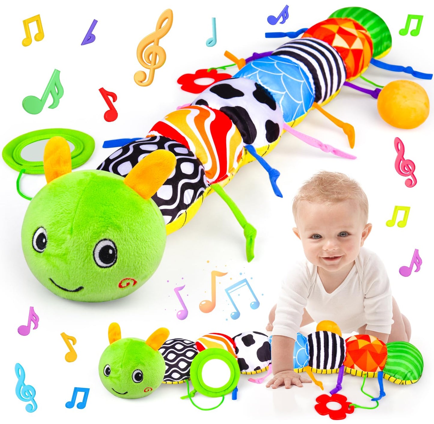 Vpkefla Infant Baby Toys 0 to 12 Months Stuffed Animal Tummy Time Toys Sensory Toys with Crinkle Rattles Textures and Mirror Gifts for Newborn Boys Girls Toddlers Caterpillar Musical Toys (Green)