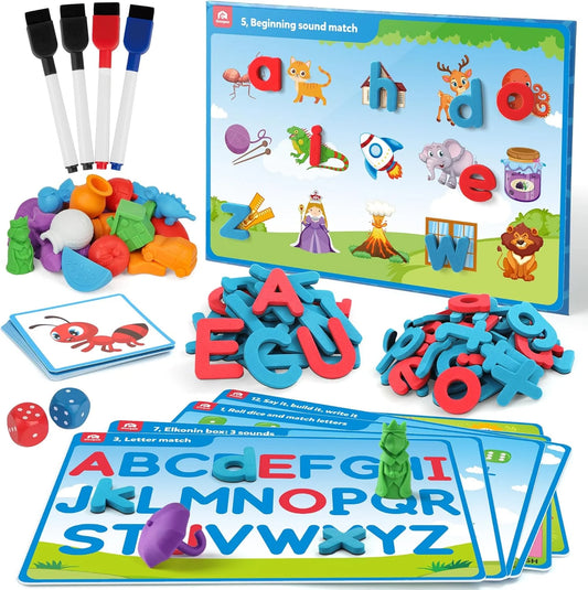 Preschool Alphabet Learning Activities, Magnetic EVA Letters Matching & Handwriting Game, Educational ABC Recognition with 6 Pattern Cards, Phonic Manipulatives Toys for Kids Age 3+
