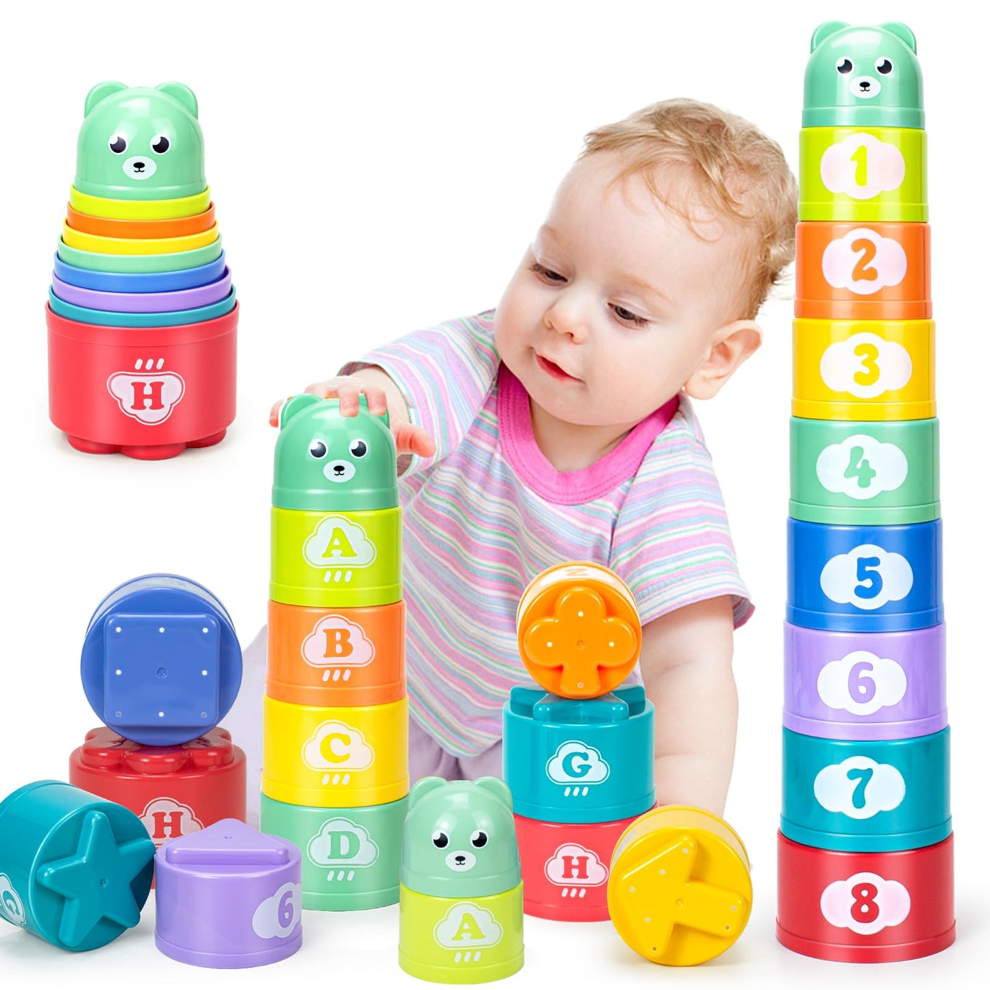 Ynanimery Stacking Cups Toys for Toddlers 1-3 Baby Toys Stacking Cups & Soft Blocks Teething Toys for Babies 6-12 Months Montessori Educational or Bath Fun Stacking Cups