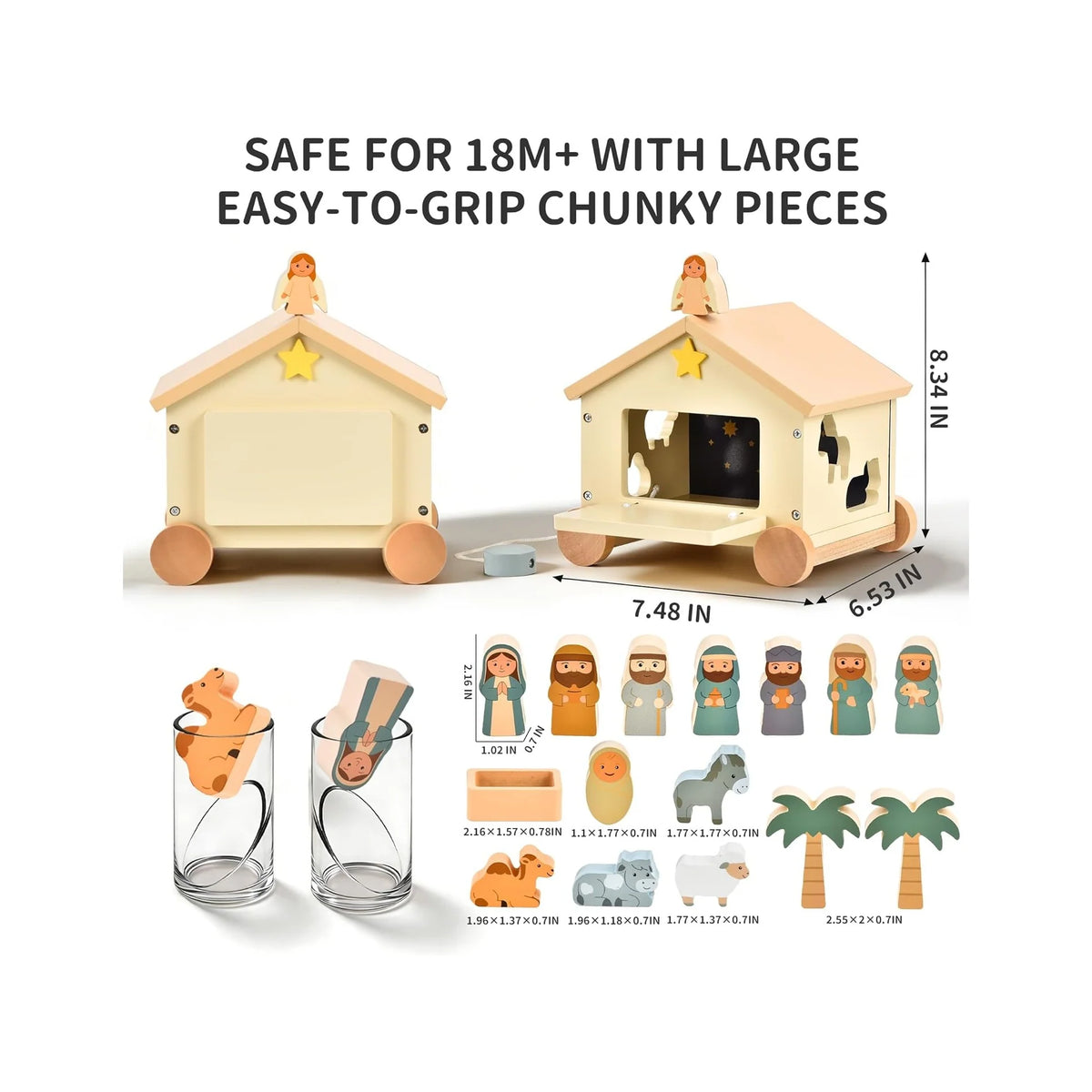 Wooden Nativity Set Montessori Toys for 1 Year Old - Christian Easter Gifts for Kids - Jesus Easter Basket Stuffers - Religious Baptism Gift - Pull along Wagon Shape Sorter Toddlers