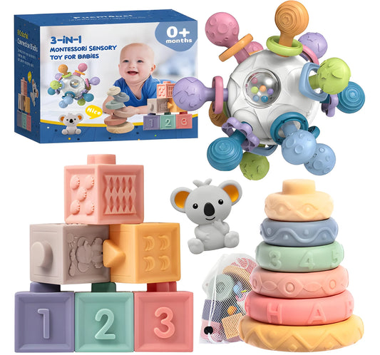 3-in-1 Baby Montessori Toy Set with Spinning Drum Ball, Blocks, Stacking Rings & Koala Head