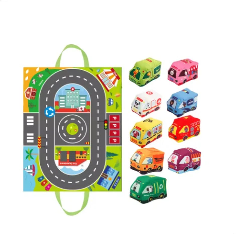 Baby Montessori Soft Car Toy Set with Map Play Mat & Storage Bag – Infant Cloth Book Cartoon Sensory Training Toy, Educational Gift for Toddlers