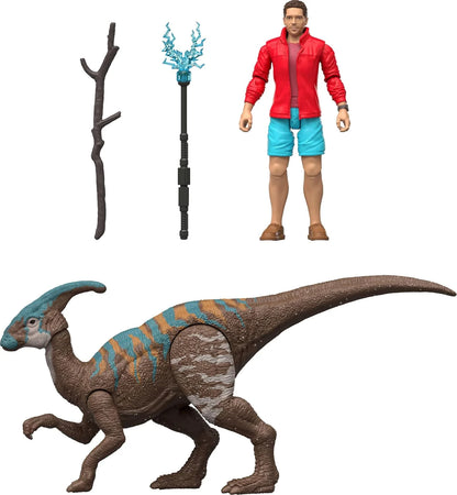Rebirth Human & Dinosaur Figure Pack, Reuben Delgado & Parasaurolophus, Movie-Accurate 3.75 Inch Scale, Posable Collectible