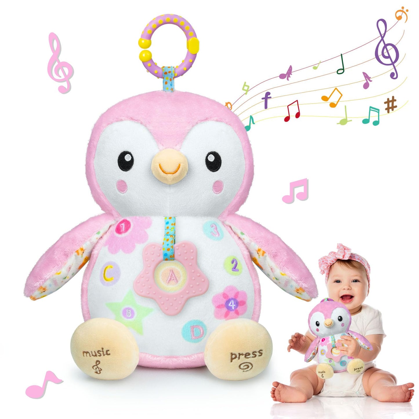 Fuzqq Baby Toys 0-6 MonthsMusical Stuffed Animal Plush ToyTextured Hanging RingRattles & Crinkle Sound PaperTummy Time Toys for Newborns Toys for 0-6-12 Months Boy/GirlsPenguin