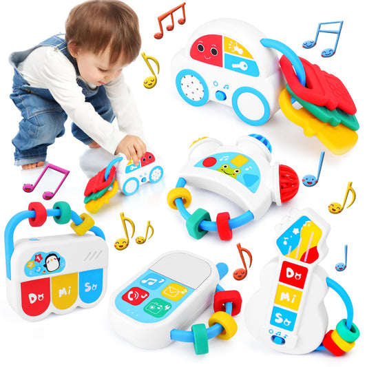 Baby Sensory Toys - 5PCS Baby Rattle Teething Toys Kits with Music Infant Newborn Montessori Toys for Boys Girls 0-18 Months Toddler Travel Toys Christmas
