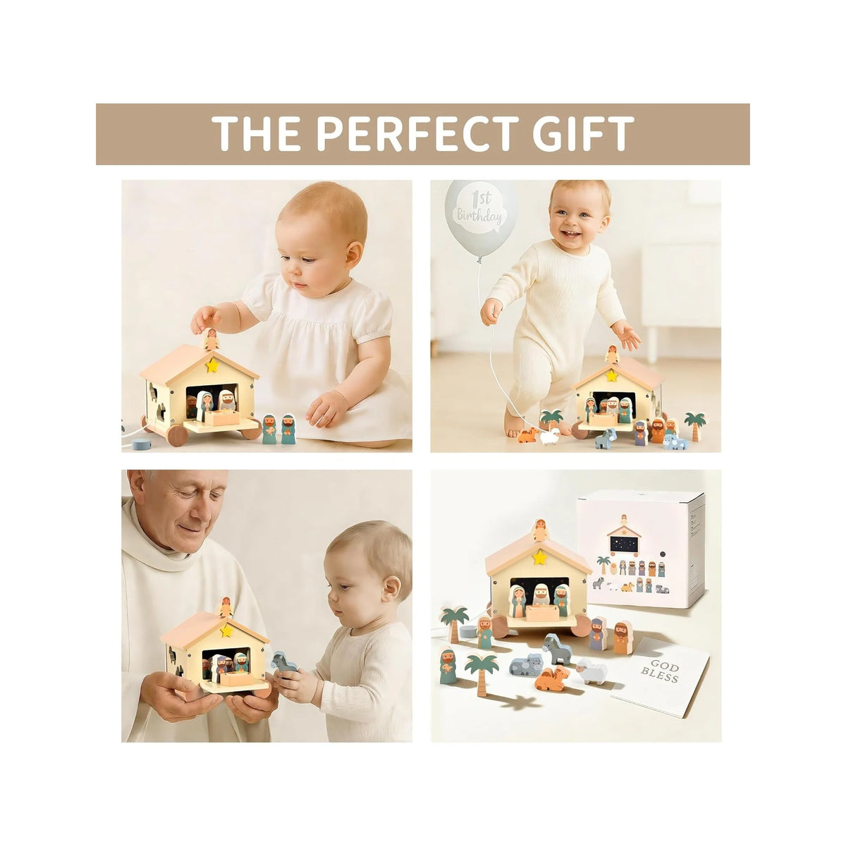 Wooden Nativity Set Montessori Toys for 1 Year Old - Christian Easter Gifts for Kids - Jesus Easter Basket Stuffers - Religious Baptism Gift - Pull along Wagon Shape Sorter Toddlers
