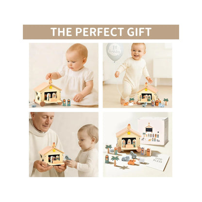 Wooden Nativity Set Montessori Toys for 1 Year Old - Christian Easter Gifts for Kids - Jesus Easter Basket Stuffers - Religious Baptism Gift - Pull along Wagon Shape Sorter Toddlers