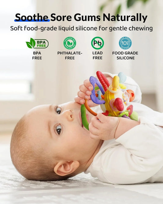 Baby Montessori Sensory Teething Toy - Safe, Multi-Functional Bpa-Free Silicone Teether for Babies 0-12 Months - Teething Relief & Fun Play with Rattle - Perfect Baby Toys for Boys & Girls