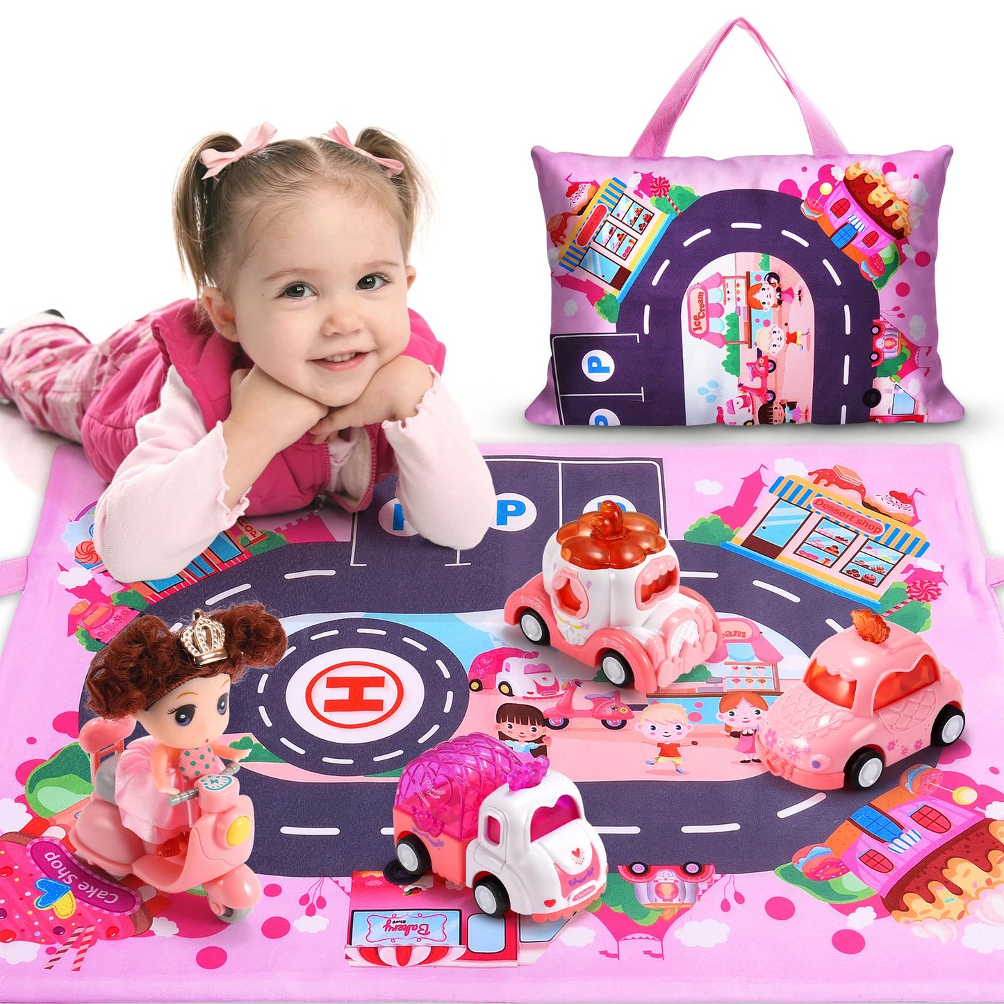 Baby Toys for 1 2 3 Year Old Girls6 PCS Car Toys Set with Baby Doll & Playmat/Storage Bag for Toddler Girl Age 1-3Baby Toys 12-18 MonthsFirst Birthday Gifts Christmas Stocking for Infant Toddlers