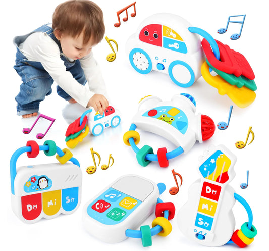 Baby Sensory Toys - 5 Piece Rattle & Teething Kit with Music