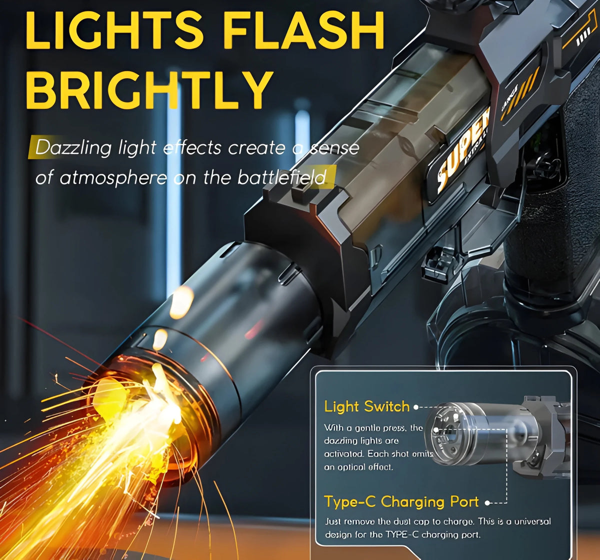 USB Rechargeable Electric Water Gun with LED Lights for Outdoor Water Play