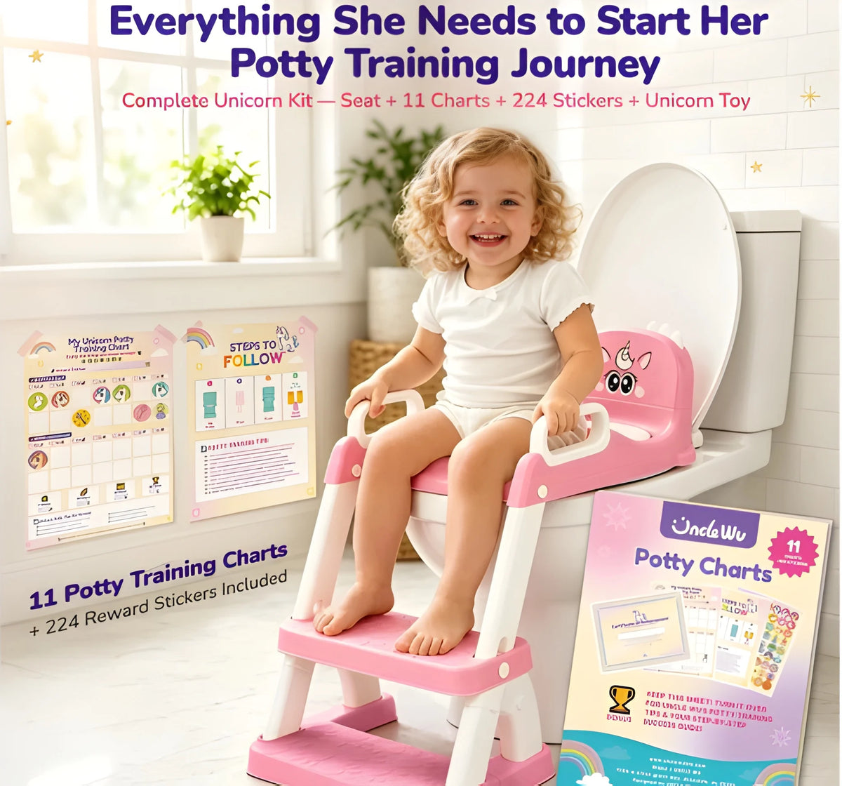 2 in 1 Toddler Potty Training Seat with Ladder, Step Stool and Reward Kit