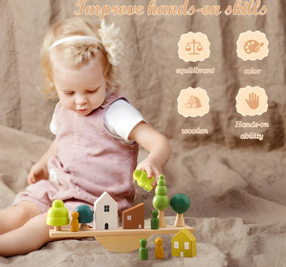 Wooden Tree Balance Toy Set with Peg Dolls for Montessori Learning and Creative Play