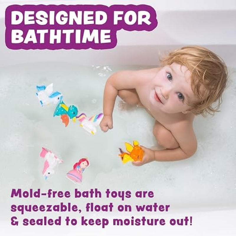 Fantasy Watertight Bath Toys, 6 Pack | Sealed, No Hole Bath Toys Design Keeps Moisture Out | Soft, Squeezable & Float on Water | Baby & Toddler Bathtub Toy | Unicorn Baby Girl Bathtub Toy