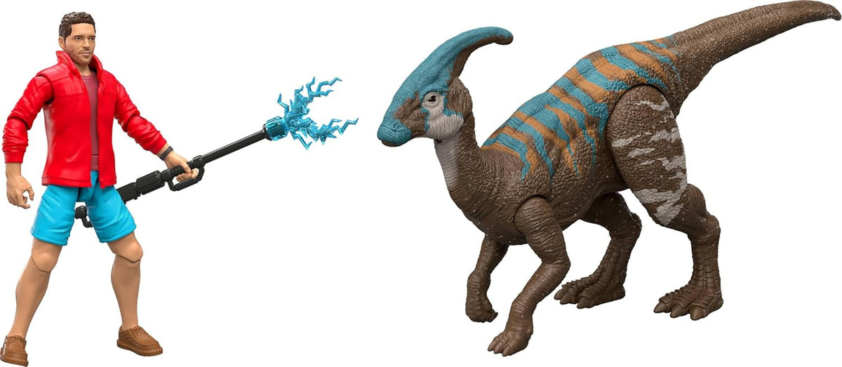 Rebirth Human & Dinosaur Figure Pack, Reuben Delgado & Parasaurolophus, Movie-Accurate 3.75 Inch Scale, Posable Collectible