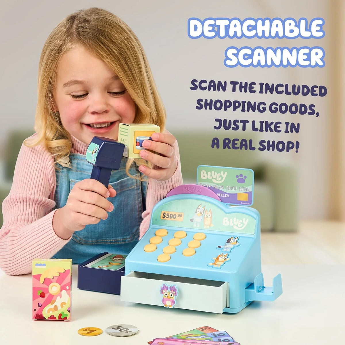 Cash Register Playset, Interactive Play Register with Detachable Scanner, Toy Credit Card, and Dollar Bucks, Shopping Toys for Kids Ages 3+
