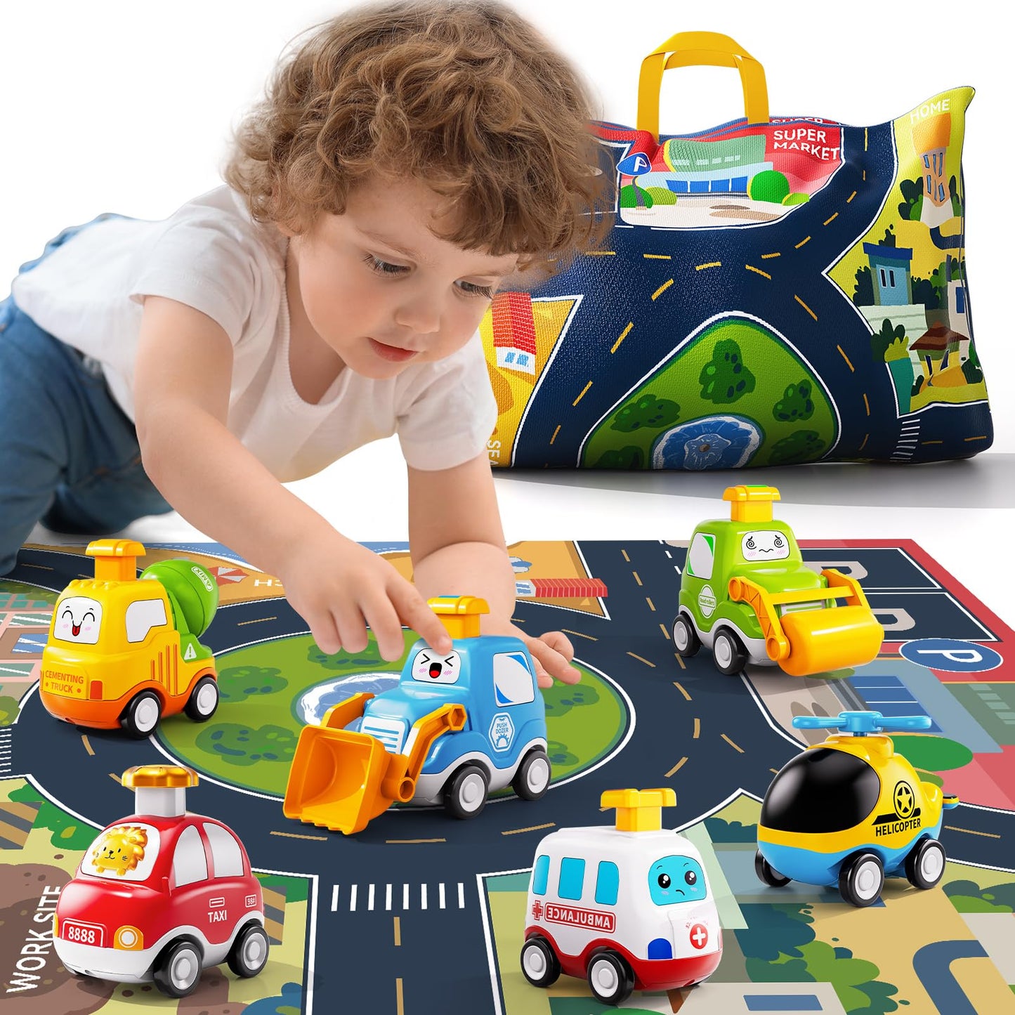 JUKUDAHU Press Engineering Car Toy for Tollders Age 1 2 3 4 5 6 Years Old - Toy Figure Car with Play Map Push and Go Friction Car for 6 9 12 18 Months Toddler Gifts for Infant Toddlers Baby Toys