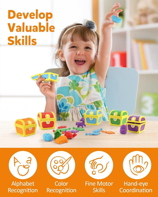 Alphabet Learning Toys for Toddlers, 26Pcs Surprise Letters Treasure Locks with Keys, Uppercase Lowercase ABC Matching Color Sorting Game, Montessori Fine Motor Skill Gift for 3 4 5 Year Old