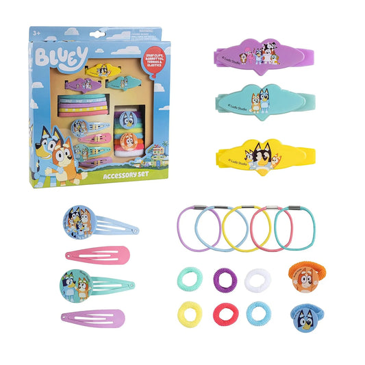 Her Bluey Girls 20 Piece Accessory Set with 3 Barrettes, 4 Snap Hair Clips, 5 Elastics and 8 Terry Ponies- Ages 3+