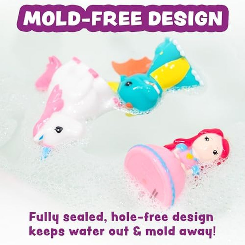 Fantasy Watertight Bath Toys, 6 Pack | Sealed, No Hole Bath Toys Design Keeps Moisture Out | Soft, Squeezable & Float on Water | Baby & Toddler Bathtub Toy | Unicorn Baby Girl Bathtub Toy