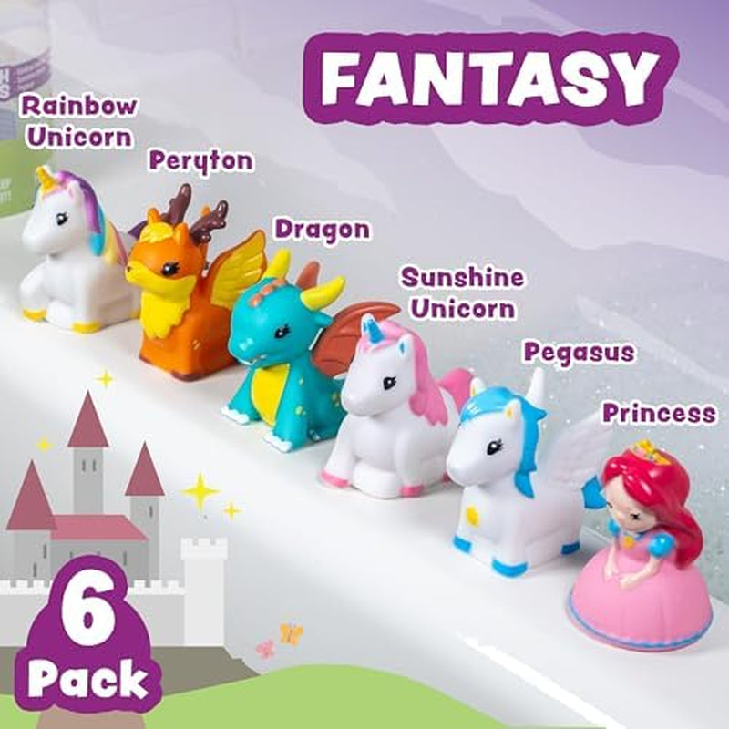 Fantasy Watertight Bath Toys, 6 Pack | Sealed, No Hole Bath Toys Design Keeps Moisture Out | Soft, Squeezable & Float on Water | Baby & Toddler Bathtub Toy | Unicorn Baby Girl Bathtub Toy